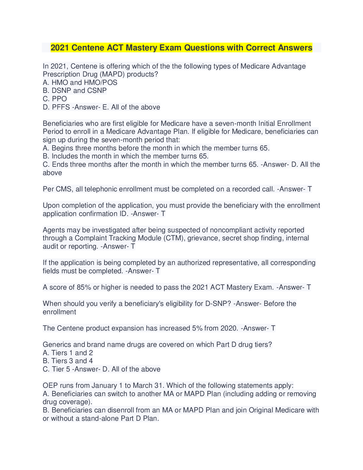 Preview image for 2021 Centene ACT Mastery Exam Questions with Correct Answers